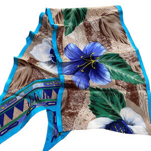 Vintage Oscar De La Renta Silk Scarf Pointy Ends Necktie Jungle Flowers Blue Tan